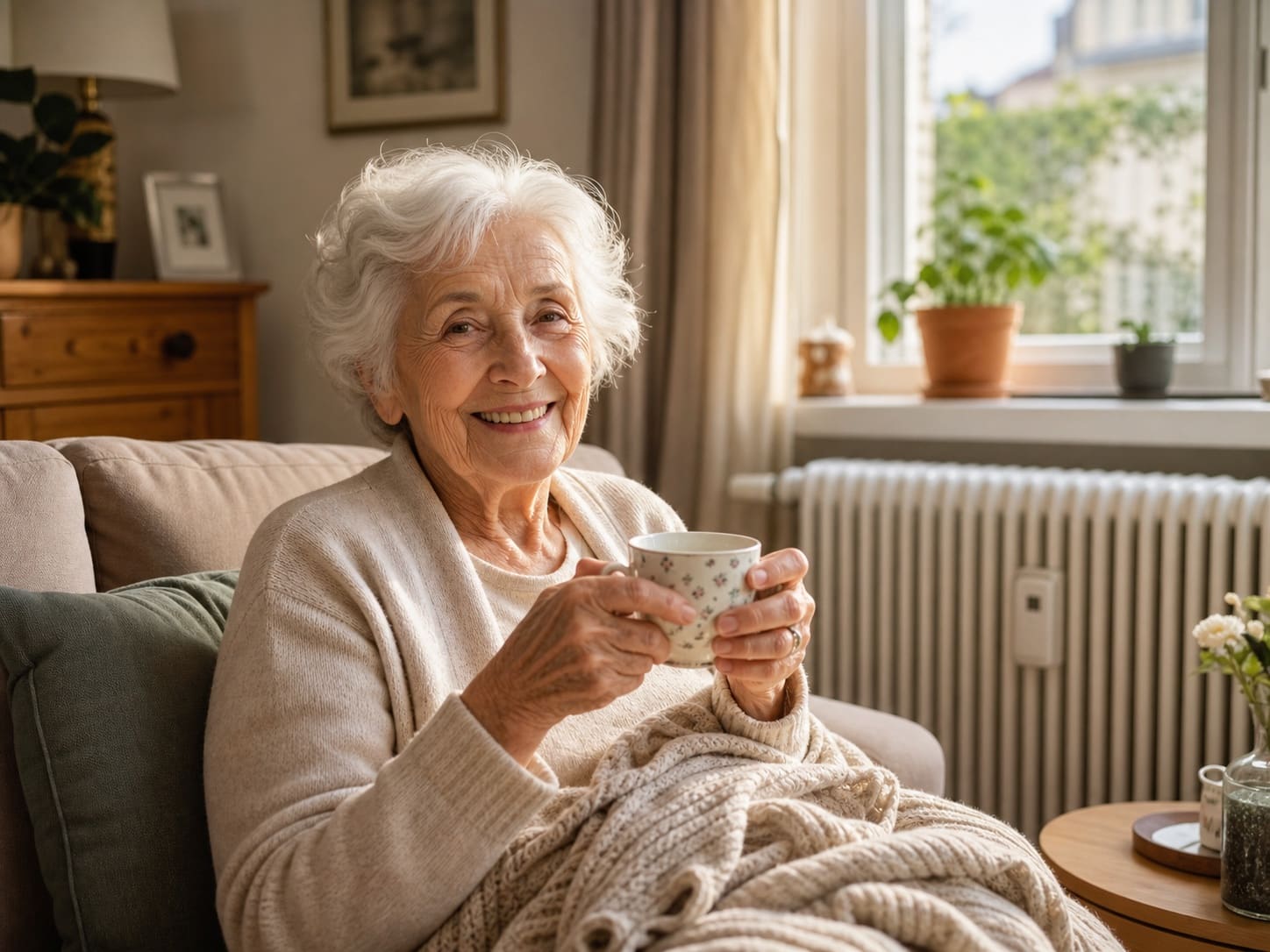 Ältere Dame in einem warmen, sicheren Zuhause