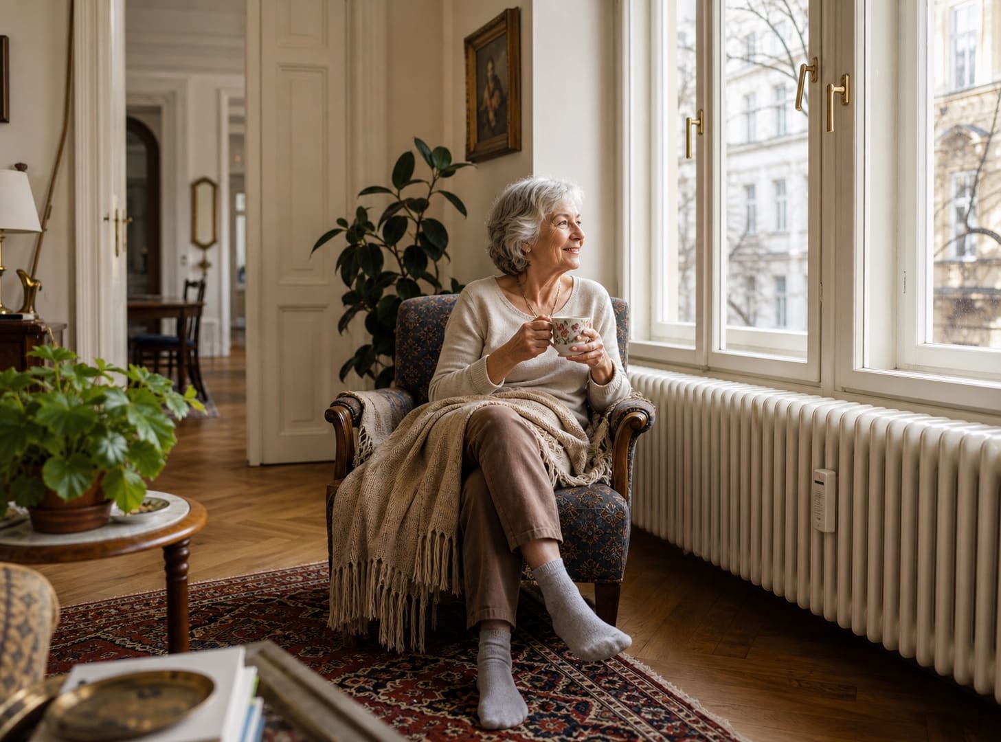 Ältere Dame in einem warmen Altbau-Zuhause mit Heizkörper