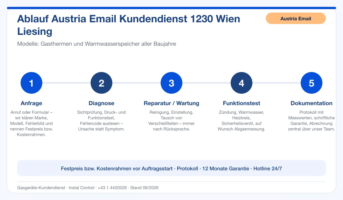 Infografik Ablauf Austria Email Kundendienst 1230 Wien Liesing: Anfrage, Diagnose, Service, Funktionstest, Protokoll