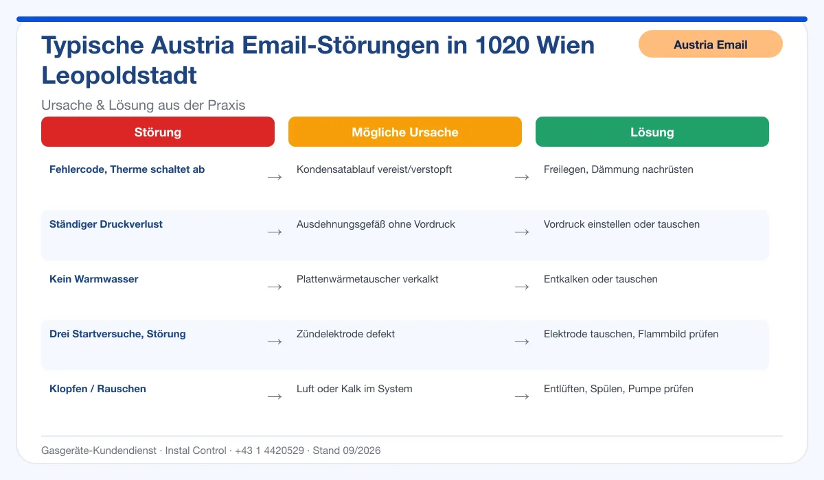 Infografik Austria Email Thermenreparatur 1020 Wien Leopoldstadt: typische Störungen, Ursachen und Lösungen