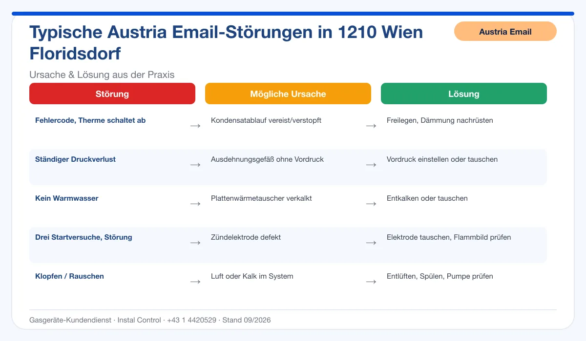 Infografik Austria Email Thermenreparatur 1210 Wien Floridsdorf: typische Störungen, Ursachen und Lösungen