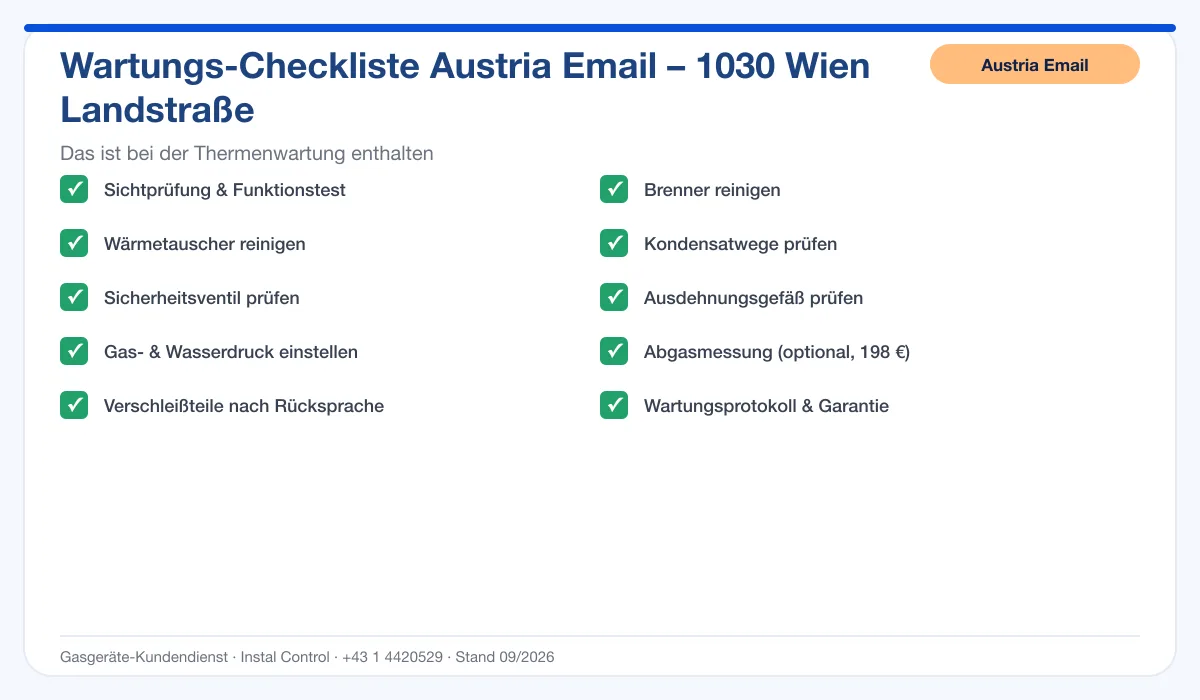 Infografik Austria Email Thermenwartung 1030 Wien Landstraße: Wartungs-Checkliste mit 10 enthaltenen Leistungen