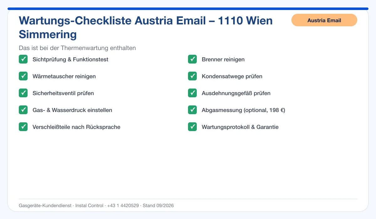 Infografik Austria Email Thermenwartung 1110 Wien Simmering: Wartungs-Checkliste mit 10 enthaltenen Leistungen