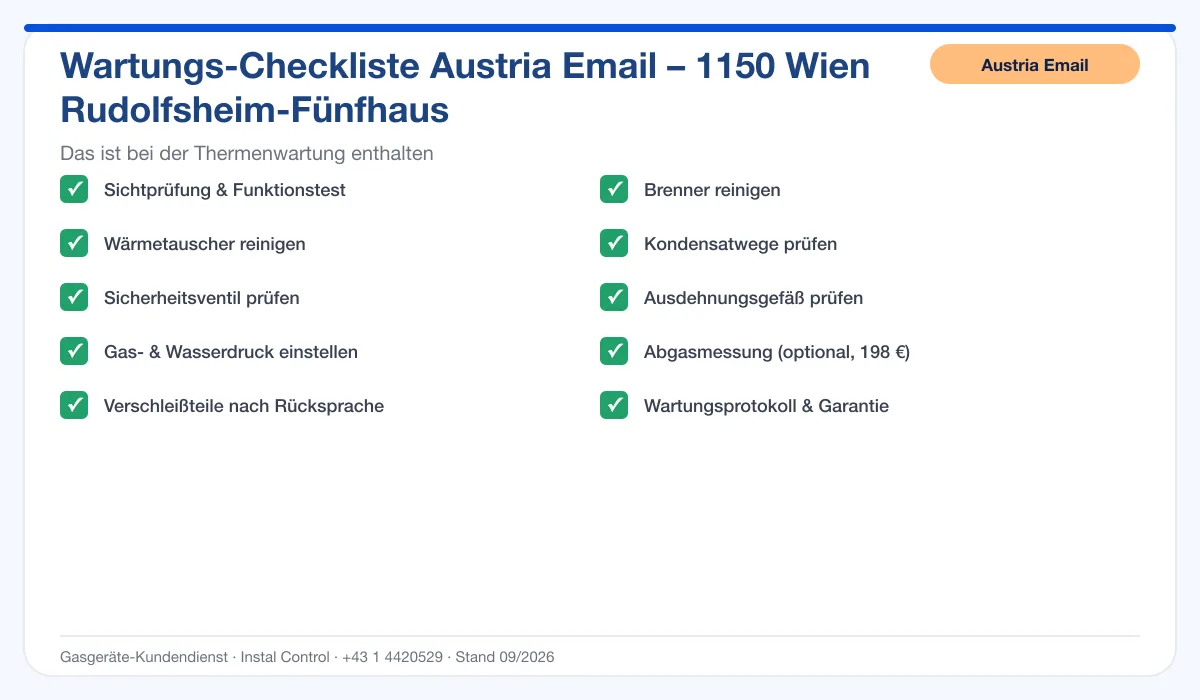 Infografik Austria Email Thermenwartung 1150 Wien Rudolfsheim-Fünfhaus: Wartungs-Checkliste mit 10 enthaltenen Leistungen