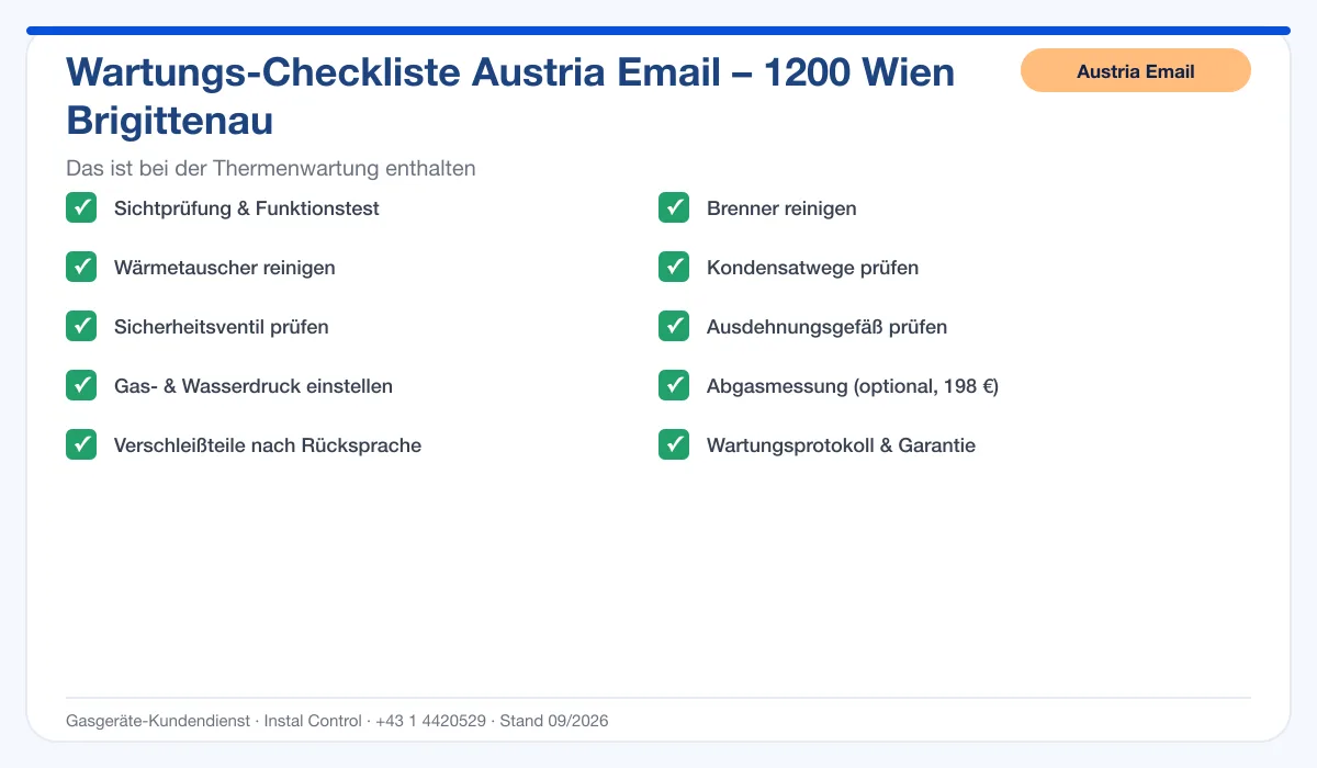 Infografik Austria Email Thermenwartung 1200 Wien Brigittenau: Wartungs-Checkliste mit 10 enthaltenen Leistungen