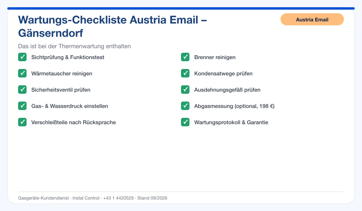 Infografik Austria Email Thermenwartung Gänserndorf: Wartungs-Checkliste mit 10 enthaltenen Leistungen