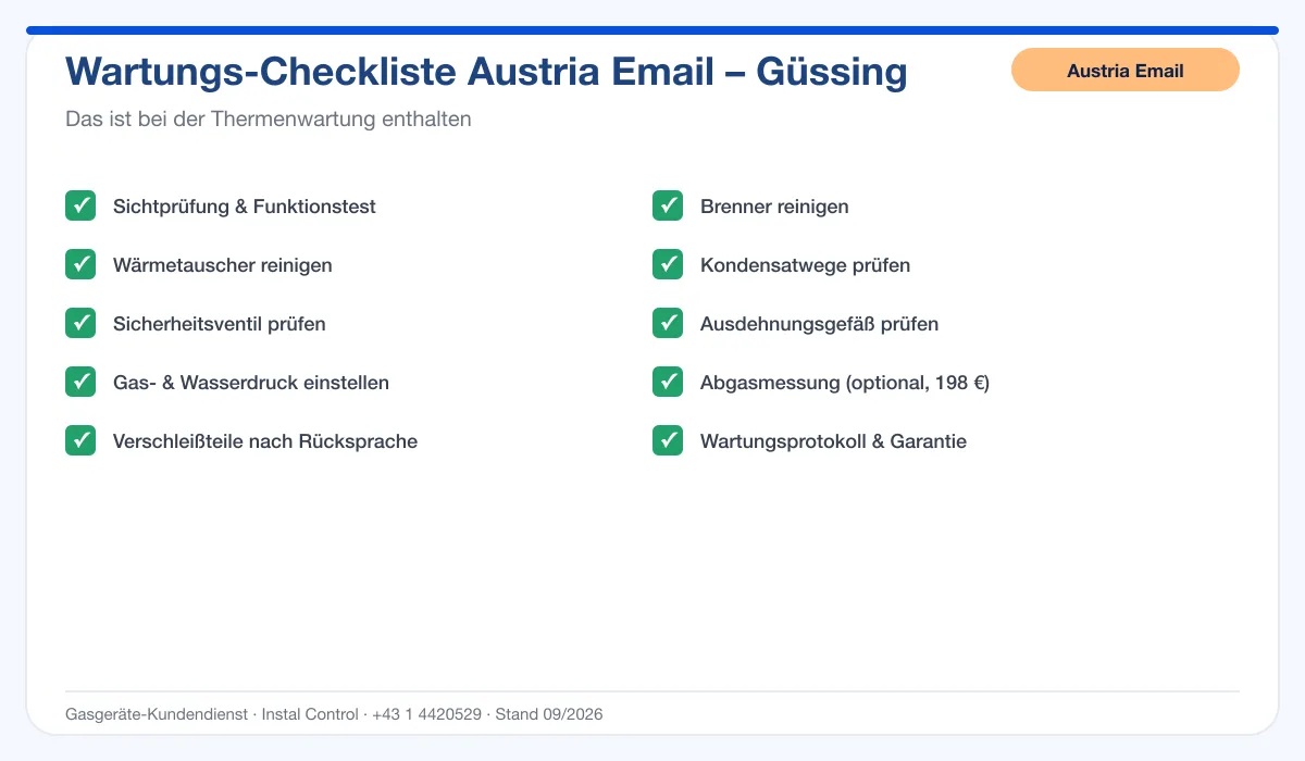Infografik Austria Email Thermenwartung Güssing: Wartungs-Checkliste mit 10 enthaltenen Leistungen