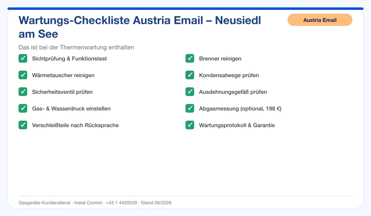 Infografik Austria Email Thermenwartung Neusiedl am See: Wartungs-Checkliste mit 10 enthaltenen Leistungen