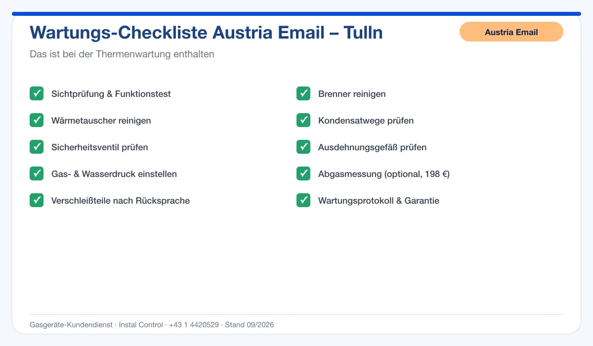Infografik Austria Email Thermenwartung Tulln: Wartungs-Checkliste mit 10 enthaltenen Leistungen