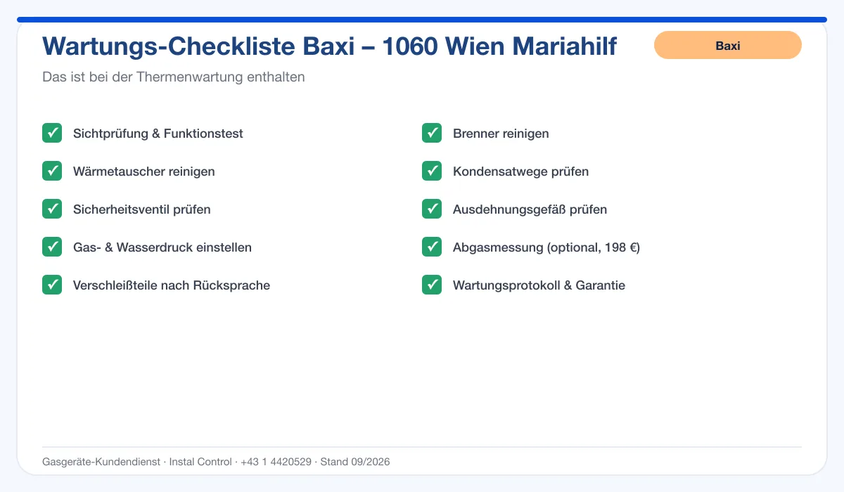 Infografik Baxi Thermenwartung 1060 Wien Mariahilf: Wartungs-Checkliste mit 10 enthaltenen Leistungen