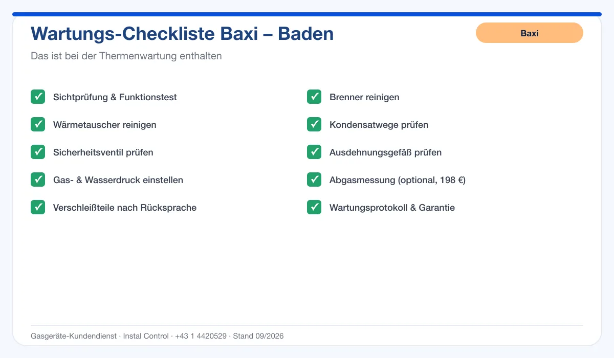 Infografik Baxi Thermenwartung Baden: Wartungs-Checkliste mit 10 enthaltenen Leistungen