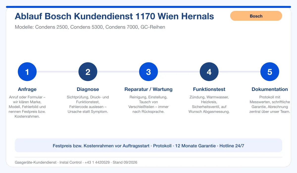 Infografik Ablauf Bosch Kundendienst 1170 Wien Hernals: Anfrage, Diagnose, Service, Funktionstest, Protokoll