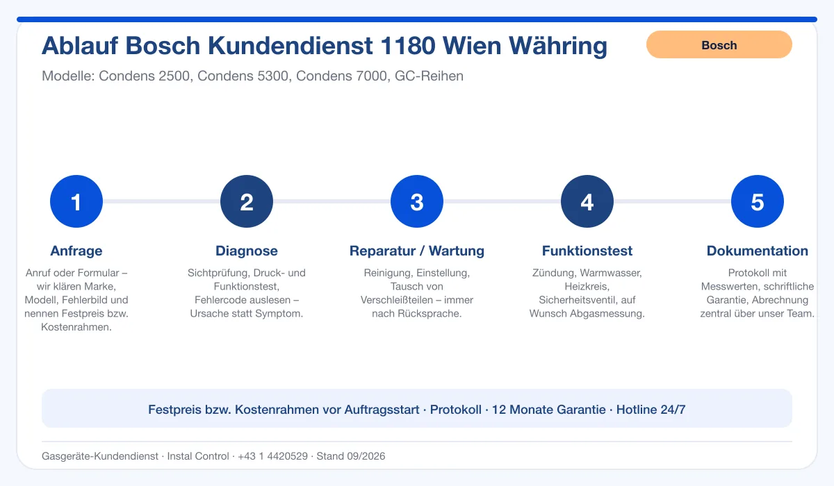 Infografik Ablauf Bosch Kundendienst 1180 Wien Währing: Anfrage, Diagnose, Service, Funktionstest, Protokoll