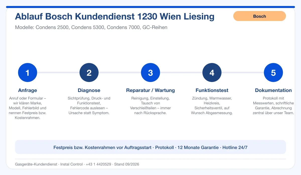 Infografik Ablauf Bosch Kundendienst 1230 Wien Liesing: Anfrage, Diagnose, Service, Funktionstest, Protokoll