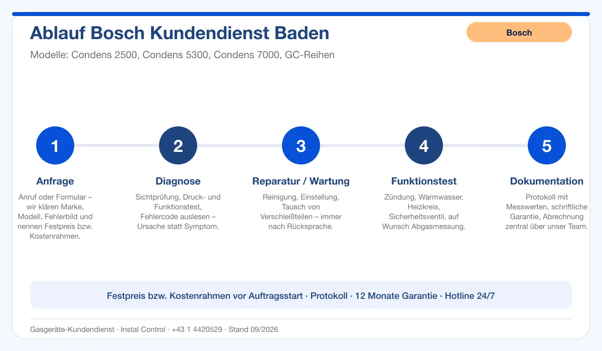 Infografik Ablauf Bosch Kundendienst Baden: Anfrage, Diagnose, Service, Funktionstest, Protokoll