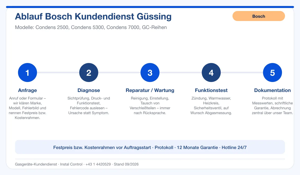 Infografik Ablauf Bosch Kundendienst Güssing: Anfrage, Diagnose, Service, Funktionstest, Protokoll