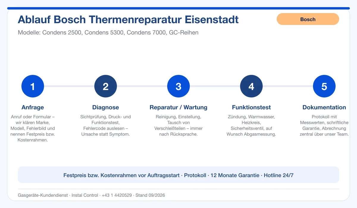 Infografik Ablauf Bosch Thermenreparatur Eisenstadt: Anfrage, Diagnose, Service, Funktionstest, Protokoll