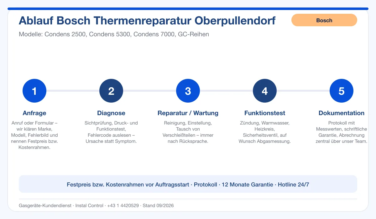 Infografik Ablauf Bosch Thermenreparatur Oberpullendorf: Anfrage, Diagnose, Service, Funktionstest, Protokoll