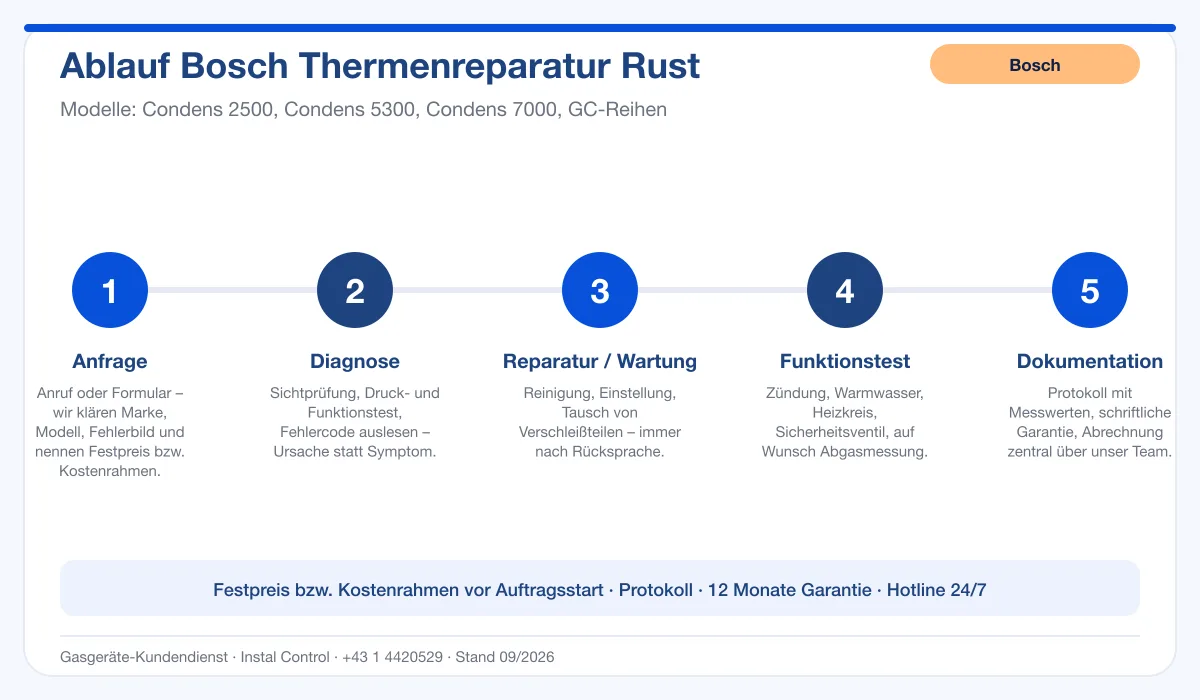 Infografik Ablauf Bosch Thermenreparatur Rust: Anfrage, Diagnose, Service, Funktionstest, Protokoll