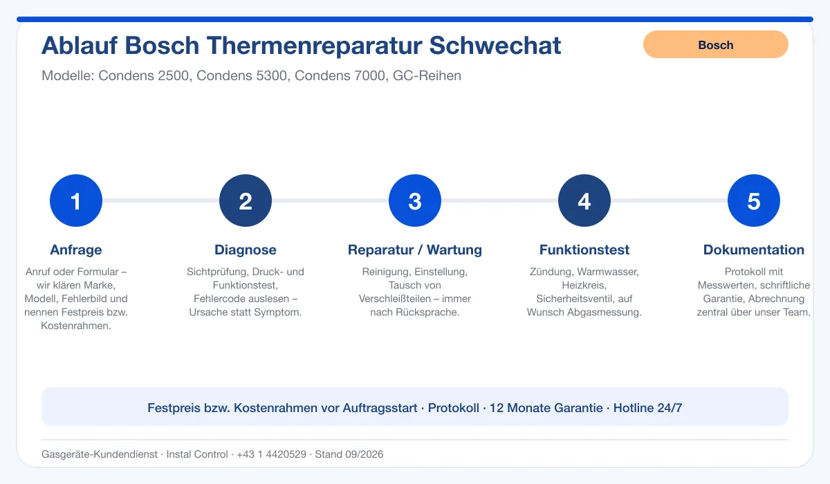 Infografik Ablauf Bosch Thermenreparatur Schwechat: Anfrage, Diagnose, Service, Funktionstest, Protokoll