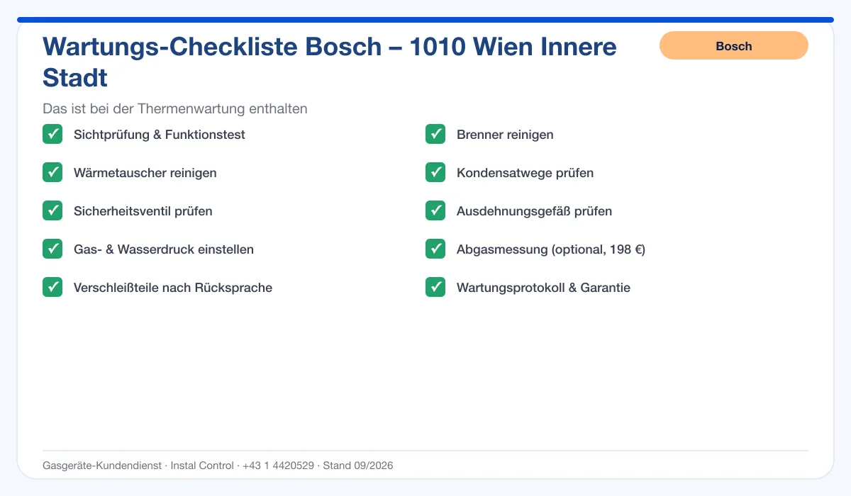 Infografik Bosch Thermenwartung 1010 Wien Innere Stadt: Wartungs-Checkliste mit 10 enthaltenen Leistungen