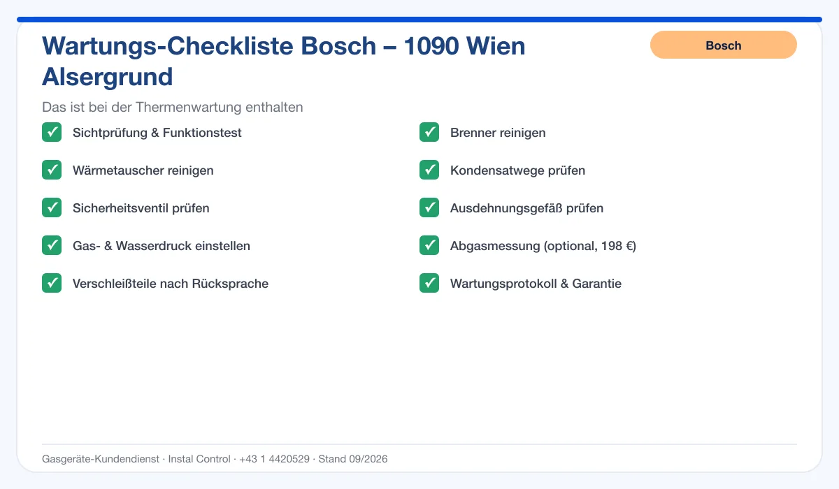 Infografik Bosch Thermenwartung 1090 Wien Alsergrund: Wartungs-Checkliste mit 10 enthaltenen Leistungen