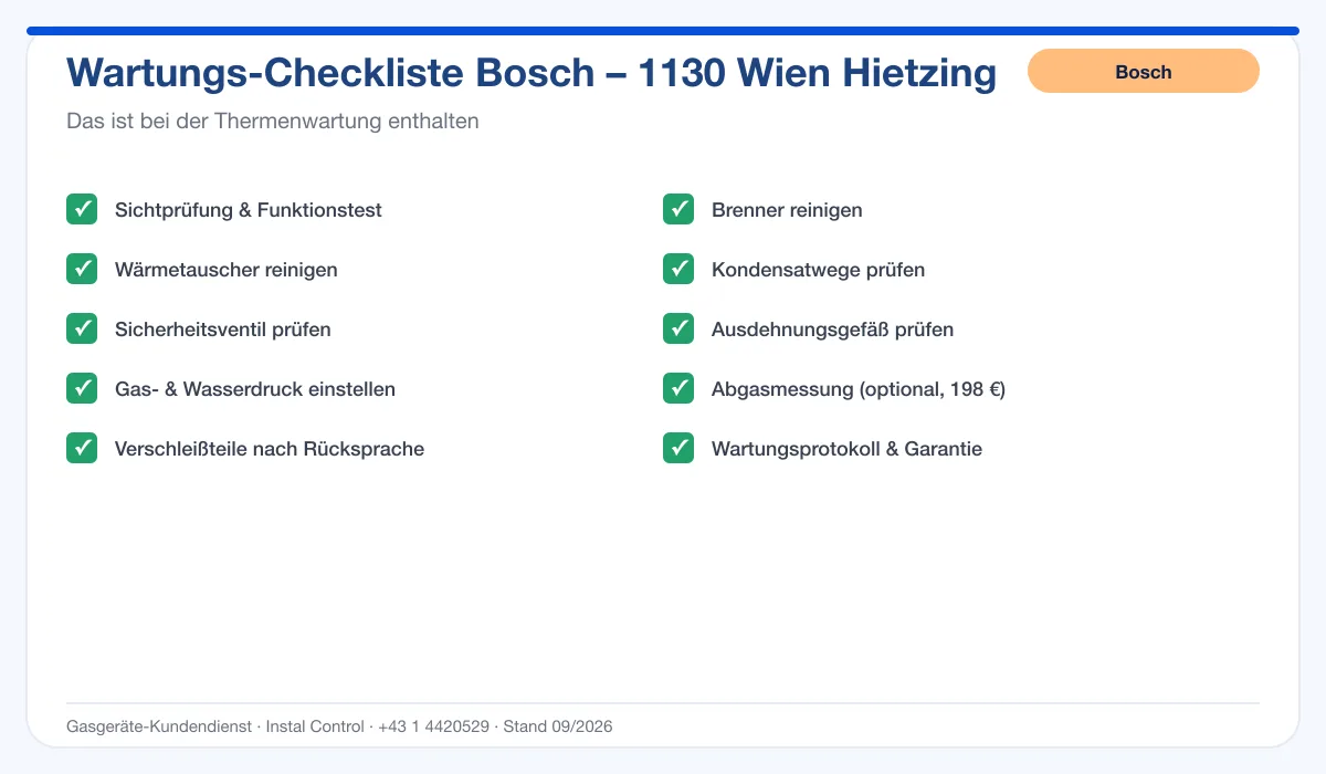 Infografik Bosch Thermenwartung 1130 Wien Hietzing: Wartungs-Checkliste mit 10 enthaltenen Leistungen
