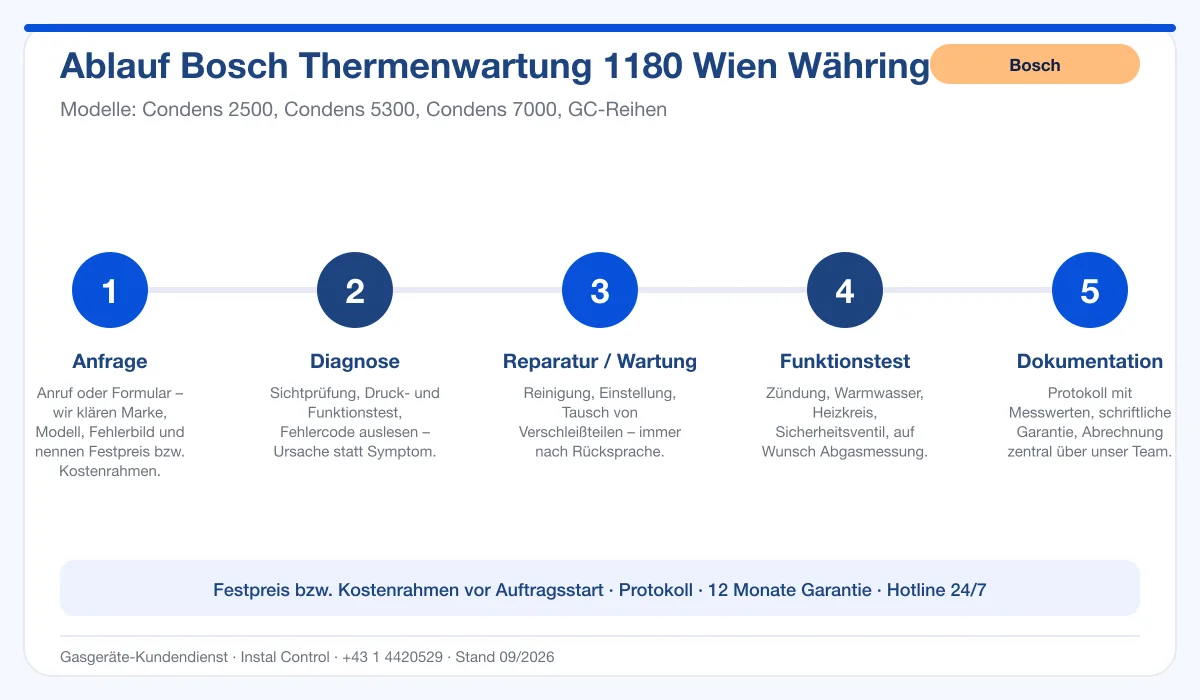 Infografik Ablauf Bosch Thermenwartung 1180 Wien Währing: Anfrage, Diagnose, Service, Funktionstest, Protokoll