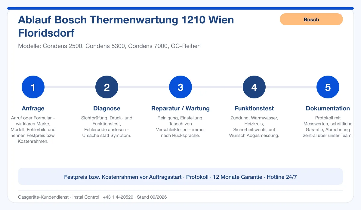 Infografik Ablauf Bosch Thermenwartung 1210 Wien Floridsdorf: Anfrage, Diagnose, Service, Funktionstest, Protokoll
