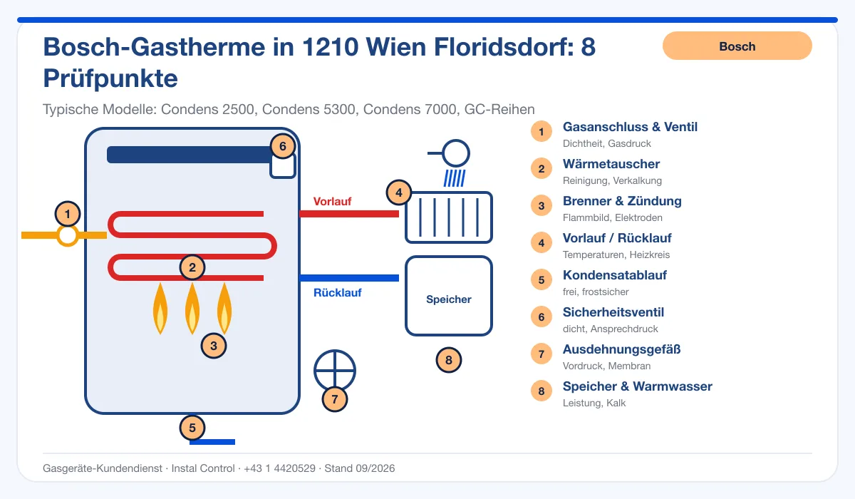 Infografik Bosch Thermenwartung 1210 Wien Floridsdorf: Aufbau einer Bosch-Gastherme mit 8 Prüfpunkten