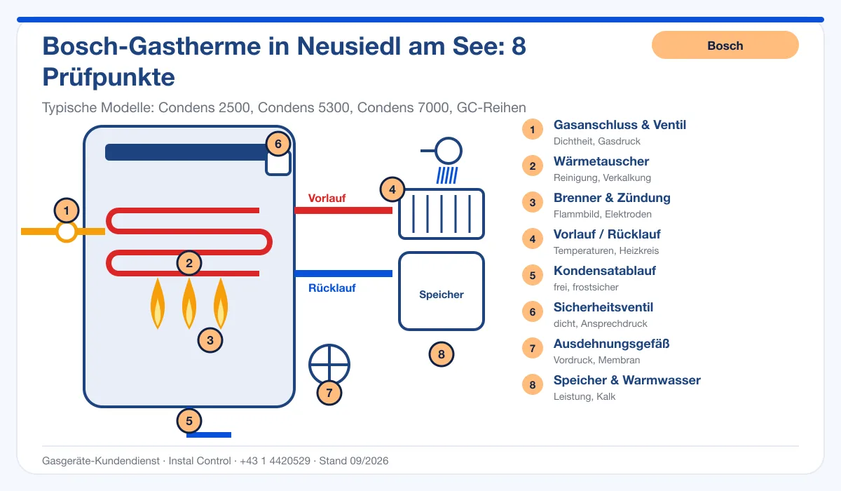 Infografik Bosch Thermenwartung Neusiedl am See: Aufbau einer Bosch-Gastherme mit 8 Prüfpunkten