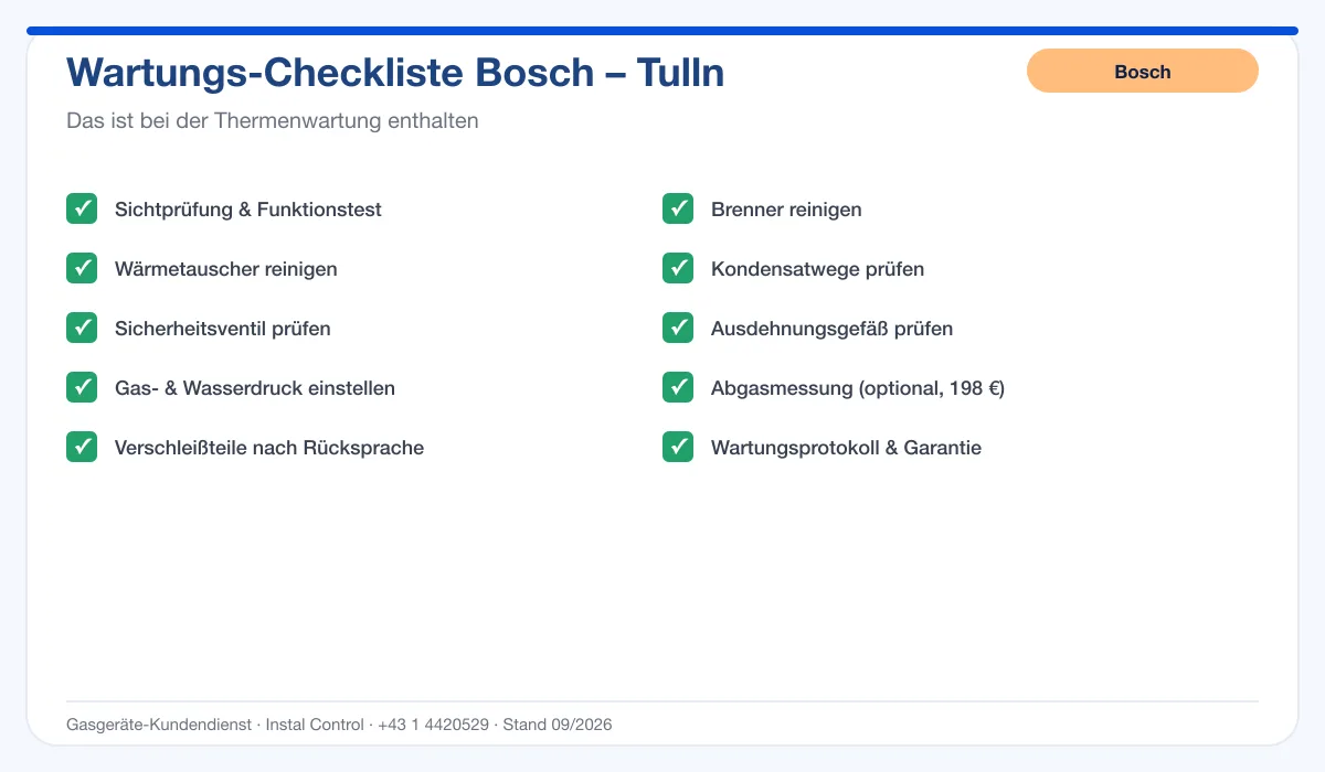 Infografik Bosch Thermenwartung Tulln: Wartungs-Checkliste mit 10 enthaltenen Leistungen