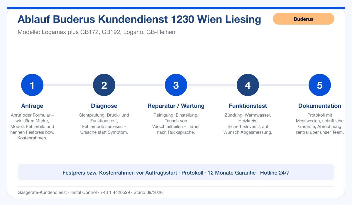 Infografik Ablauf Buderus Kundendienst 1230 Wien Liesing: Anfrage, Diagnose, Service, Funktionstest, Protokoll