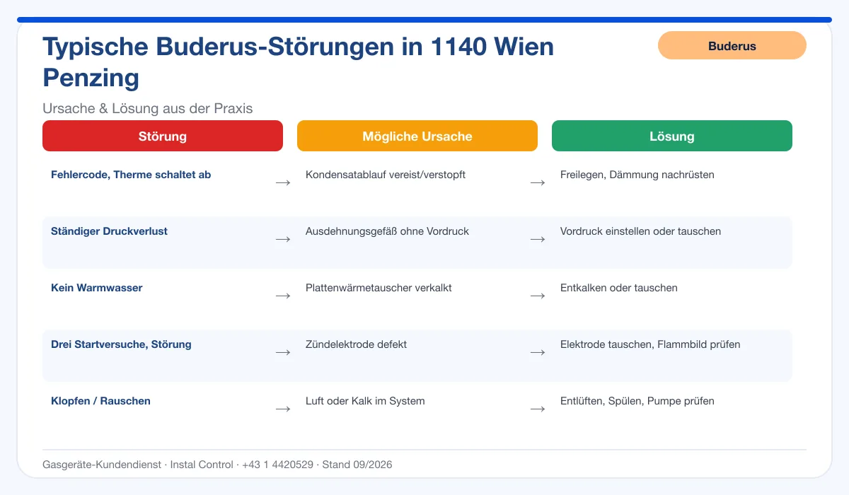 Infografik Buderus Thermenreparatur 1140 Wien Penzing: typische Störungen, Ursachen und Lösungen