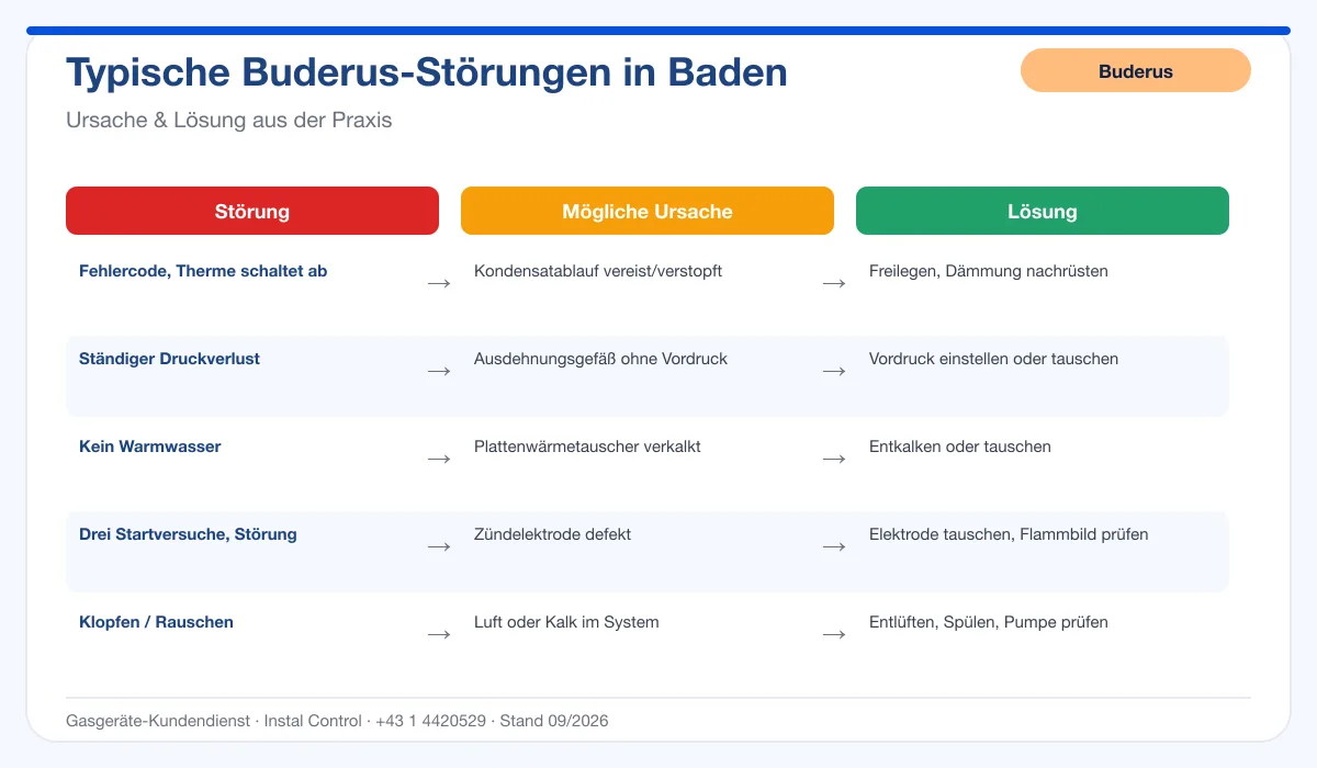 Infografik Buderus Thermenreparatur Baden: typische Störungen, Ursachen und Lösungen