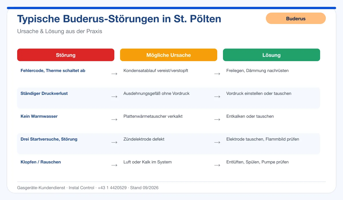 Infografik Buderus Thermenreparatur St. Pölten: typische Störungen, Ursachen und Lösungen