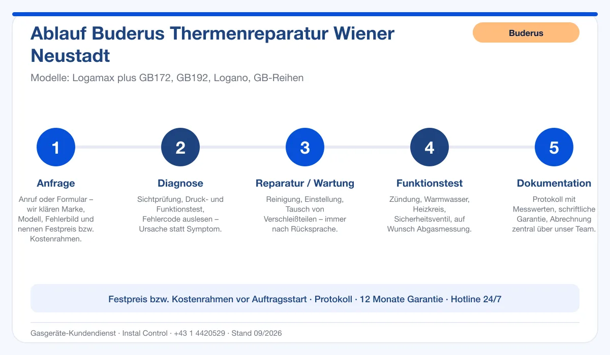 Infografik Ablauf Buderus Thermenreparatur Wiener Neustadt: Anfrage, Diagnose, Service, Funktionstest, Protokoll