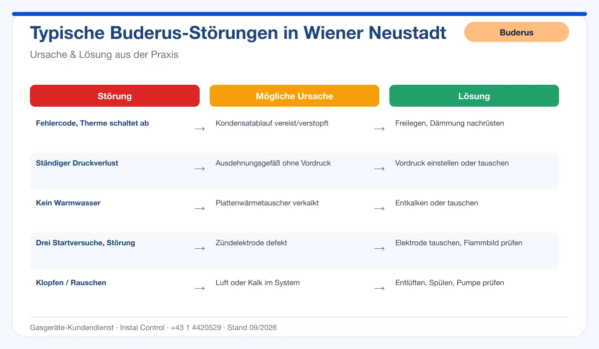 Infografik Buderus Thermenreparatur Wiener Neustadt: typische Störungen, Ursachen und Lösungen
