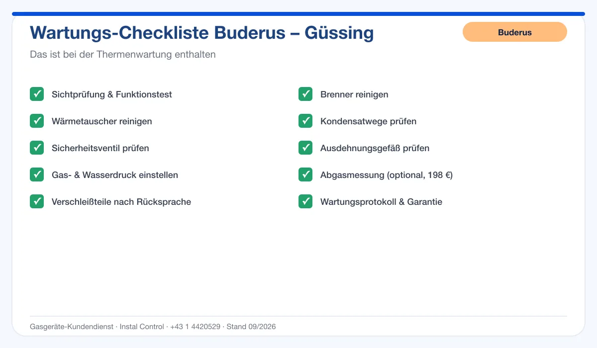 Infografik Buderus Thermenwartung Güssing: Wartungs-Checkliste mit 10 enthaltenen Leistungen