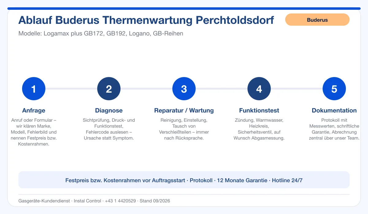 Infografik Ablauf Buderus Thermenwartung Perchtoldsdorf: Anfrage, Diagnose, Service, Funktionstest, Protokoll