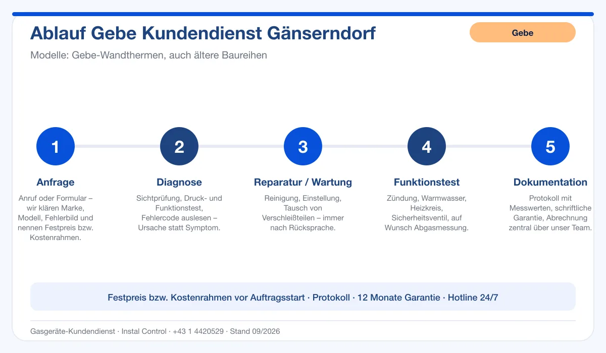 Infografik Ablauf Gebe Kundendienst Gänserndorf: Anfrage, Diagnose, Service, Funktionstest, Protokoll