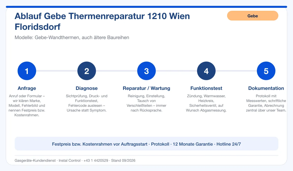 Infografik Ablauf Gebe Thermenreparatur 1210 Wien Floridsdorf: Anfrage, Diagnose, Service, Funktionstest, Protokoll