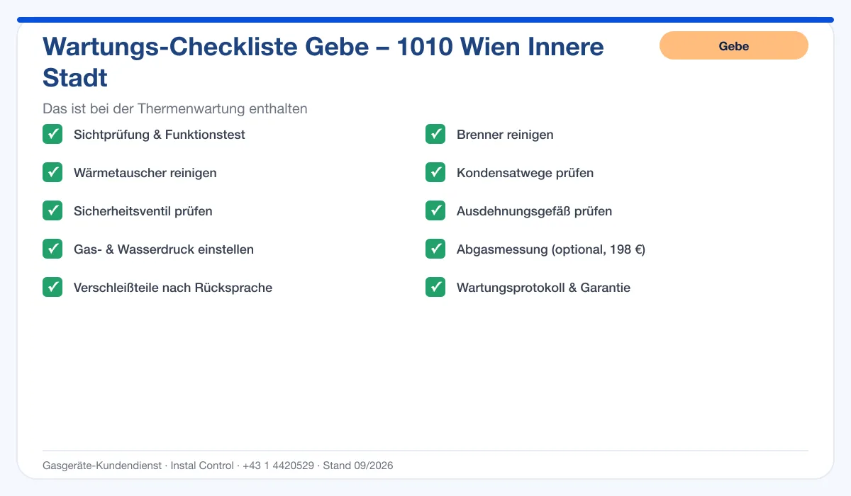 Infografik Gebe Thermenwartung 1010 Wien Innere Stadt: Wartungs-Checkliste mit 10 enthaltenen Leistungen