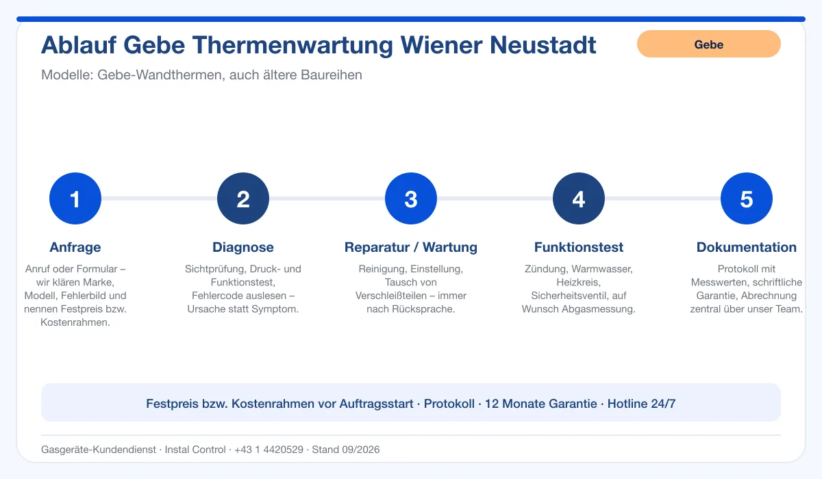 Infografik Ablauf Gebe Thermenwartung Wiener Neustadt: Anfrage, Diagnose, Service, Funktionstest, Protokoll