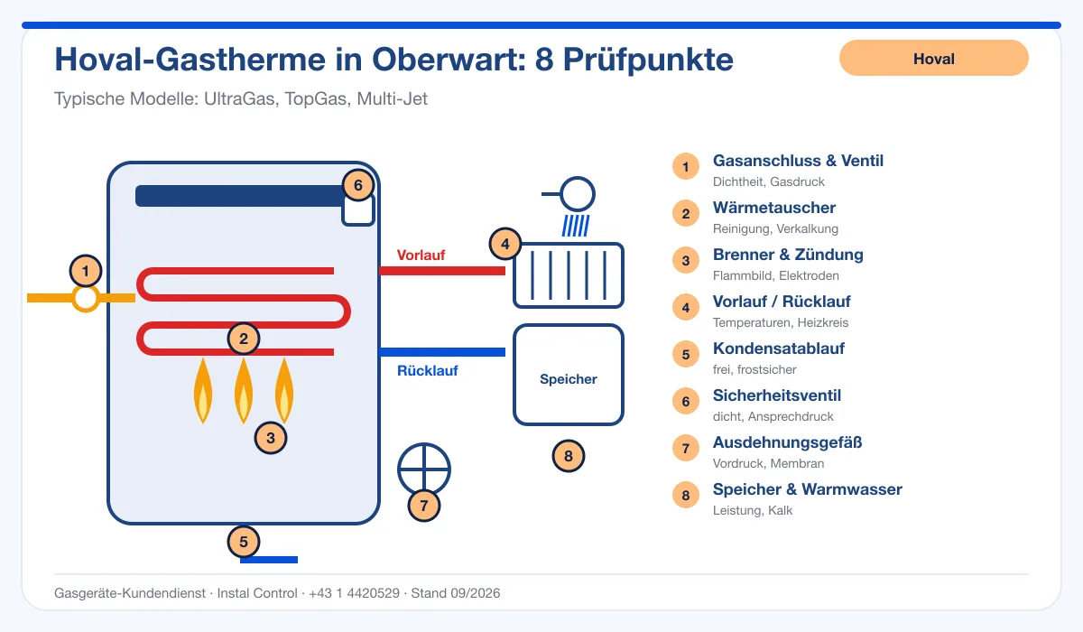 Infografik Hoval Thermenreparatur Oberwart: Aufbau einer Hoval-Gastherme mit 8 Prüfpunkten