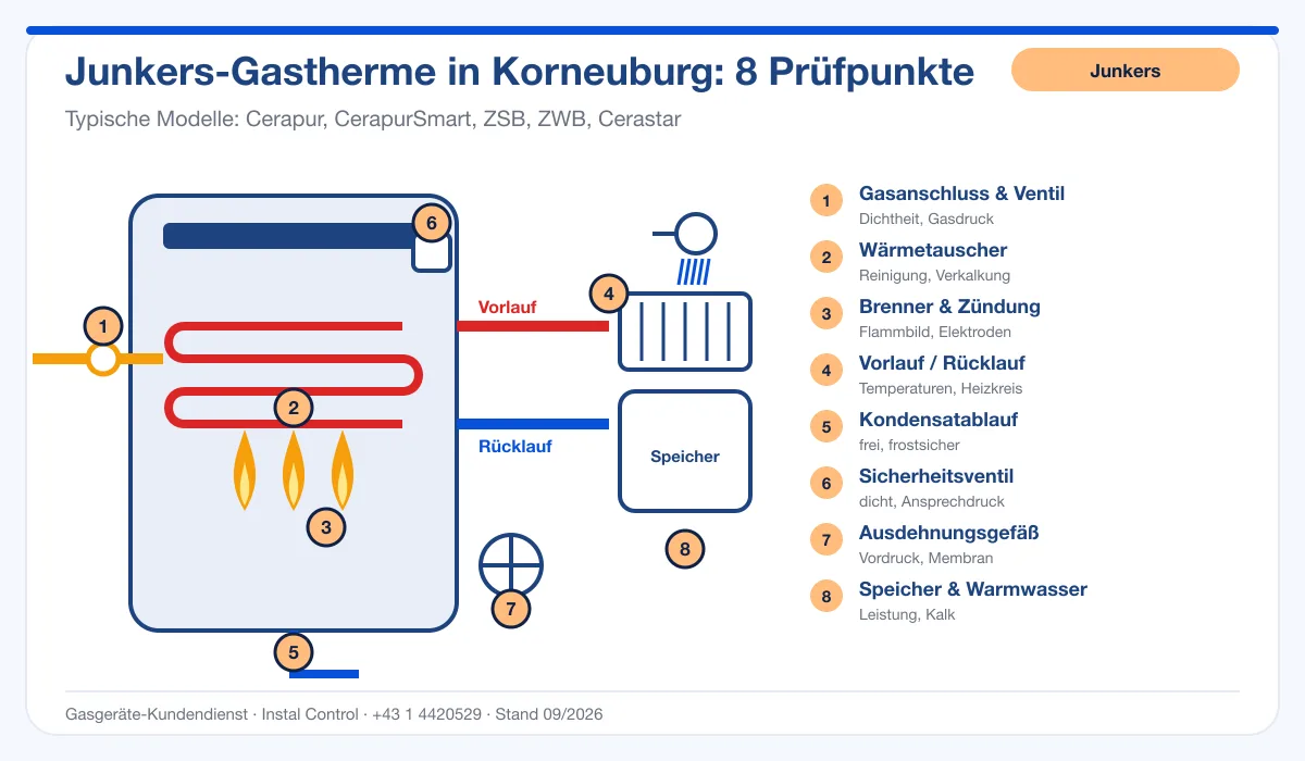Infografik Junkers Kundendienst Korneuburg: Aufbau einer Junkers-Gastherme mit 8 Prüfpunkten