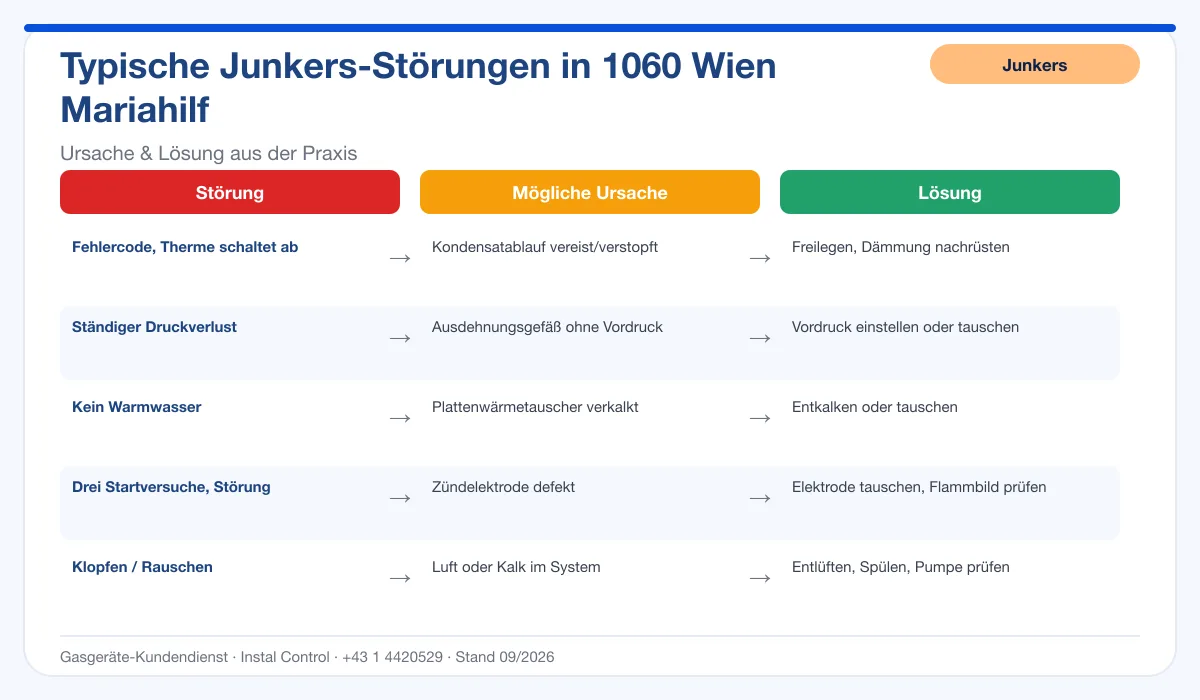 Infografik Junkers Thermenreparatur 1060 Wien Mariahilf: typische Störungen, Ursachen und Lösungen