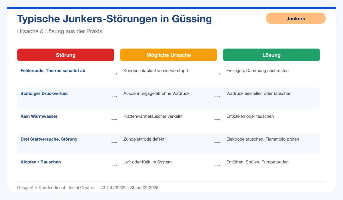 Infografik Junkers Thermenreparatur Güssing: typische Störungen, Ursachen und Lösungen