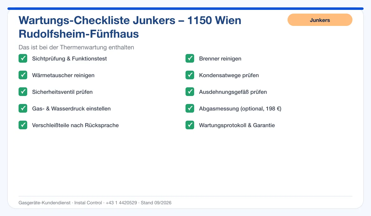 Infografik Junkers Thermenwartung 1150 Wien Rudolfsheim-Fünfhaus: Wartungs-Checkliste mit 10 enthaltenen Leistungen