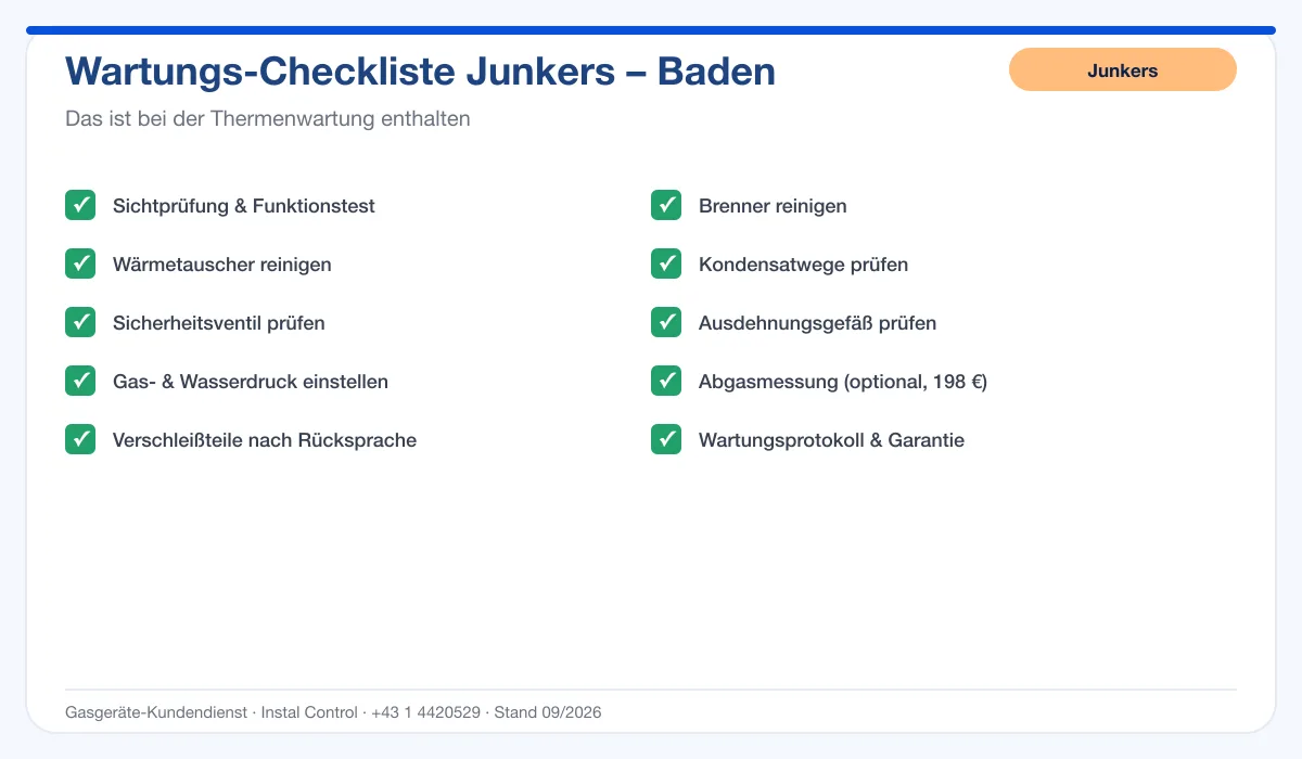Infografik Junkers Thermenwartung Baden: Wartungs-Checkliste mit 10 enthaltenen Leistungen